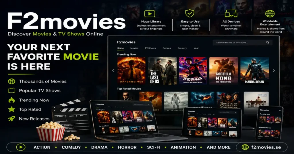 F2movies featured banner showcasing the F2movies brand, movie discovery interface, trending films, TV shows, and responsive viewing across desktop, tablet, and mobile devices.